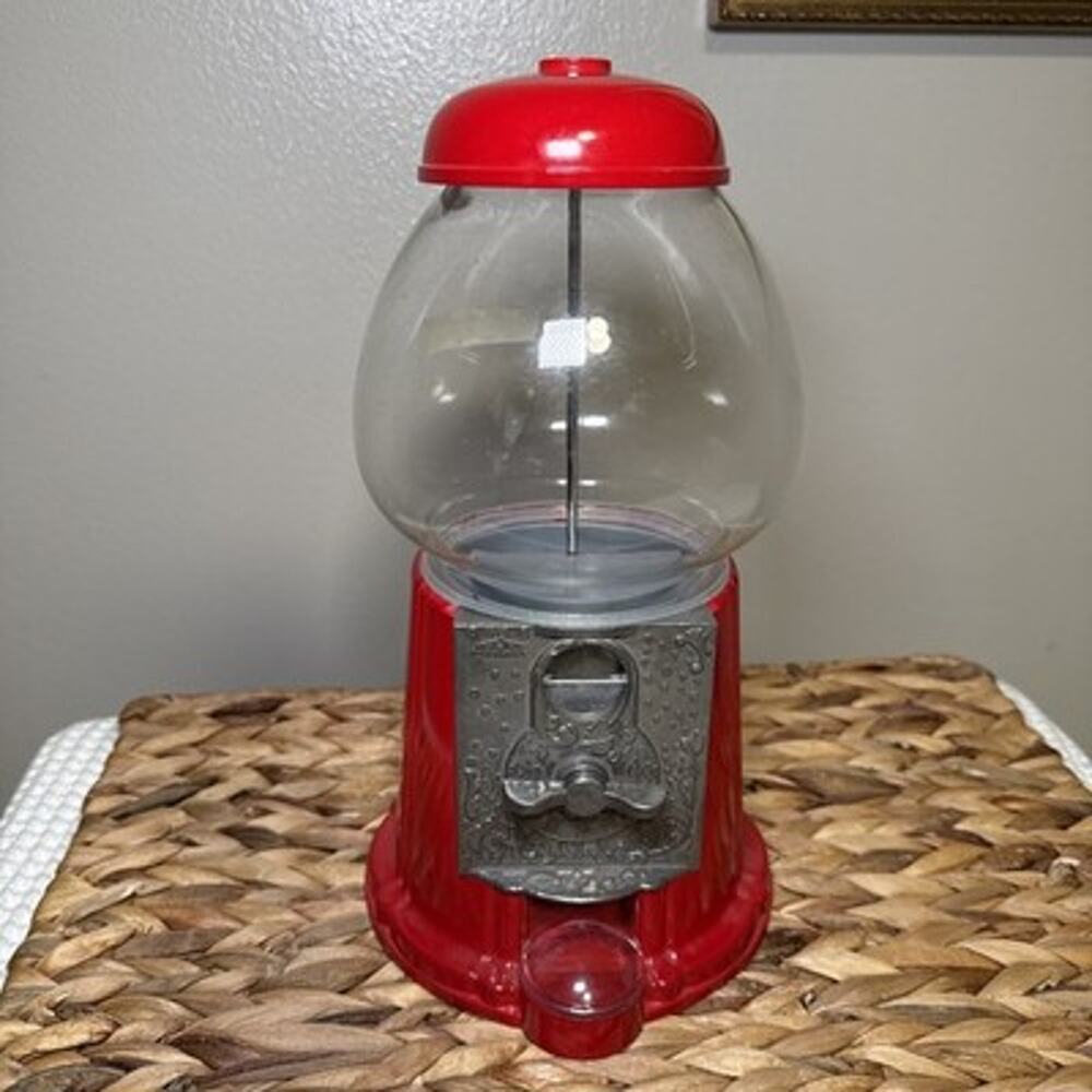 Vintage 1985 Red Carousel Bubble Gum Machine / Piggy Bank Metal & Glass Junior